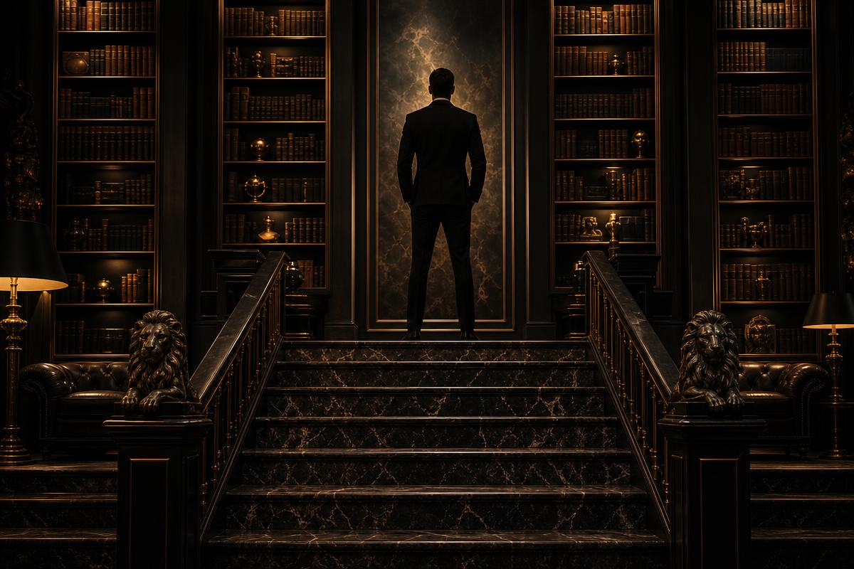 Hombre de élite en un club privado de lujo con biblioteca y dorados